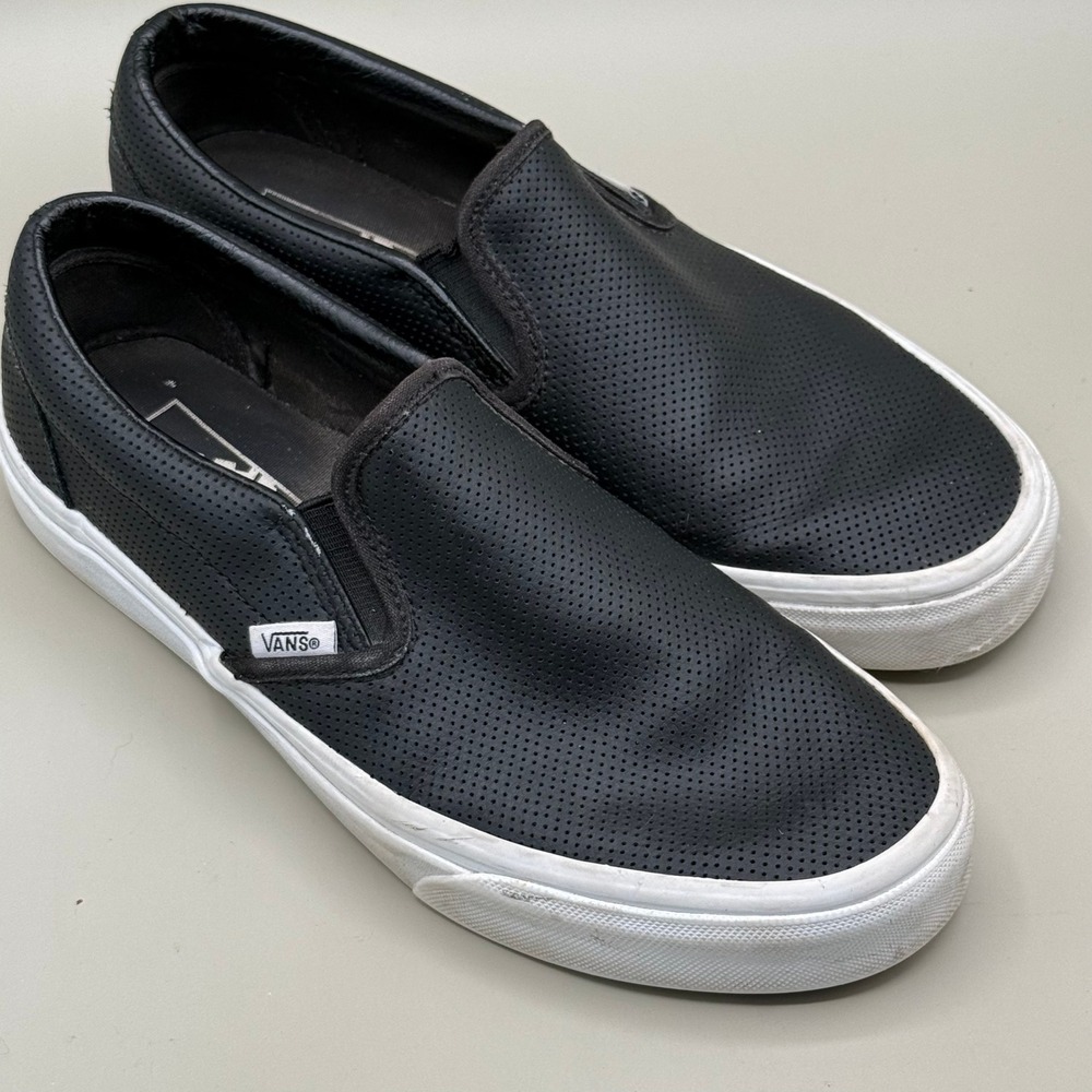 Vans Classic Slip-On Perforated Black Leather Sneakers Womens 8.5 Mens 7.0